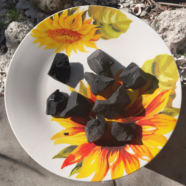 Shungite rocks on a plate.